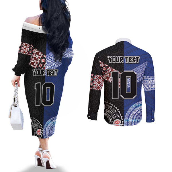 Personalised New Zealand Rugby Couples Matching Off The Shoulder Long Sleeve Dress and Long Sleeve Button Shirts Aotearoa Ka Mate Haka All Black Mix Ta Moko Green Style LT9 main image 1
