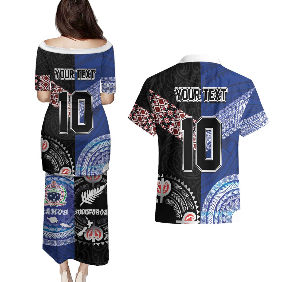 Custom Aotearoa and Samoa Rugby Couples Matching Puletasi and Hawaiian Shirt Maori Warrior and Teuila Emblem-Tatau with Taniko Art