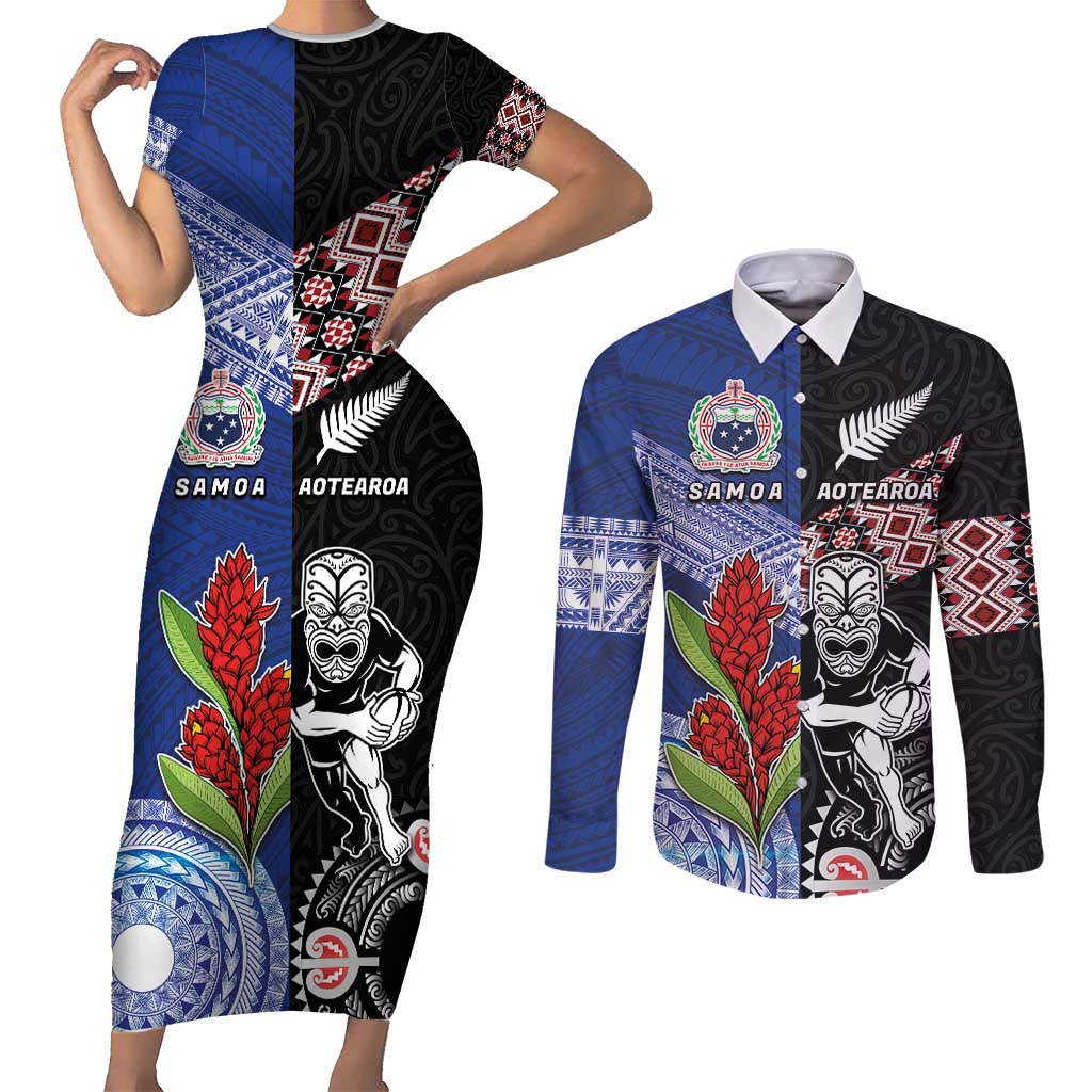 Custom Aotearoa and Samoa Rugby Couples Matching Short Sleeve Bodycon Dress and Long Sleeve Button Shirt Maori Warrior and Teuila Emblem-Tatau with Taniko Art
