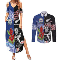 Custom Aotearoa and Samoa Rugby Couples Matching Summer Maxi Dress and Long Sleeve Button Shirt Maori Warrior and Teuila Emblem-Tatau with Taniko Art