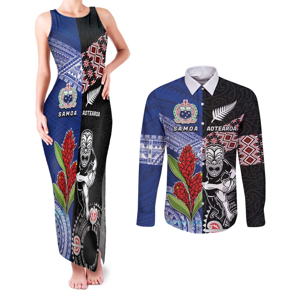 Custom Aotearoa and Samoa Rugby Couples Matching Tank Maxi Dress and Long Sleeve Button Shirt Maori Warrior and Teuila Emblem-Tatau with Taniko Art