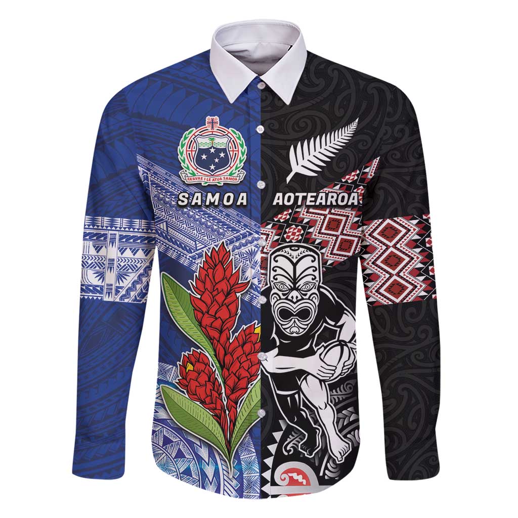 Custom Aotearoa and Samoa Rugby Family Matching Long Sleeve Bodycon Dress and Hawaiian Shirt Maori Warrior and Teuila Emblem-Tatau with Taniko Art