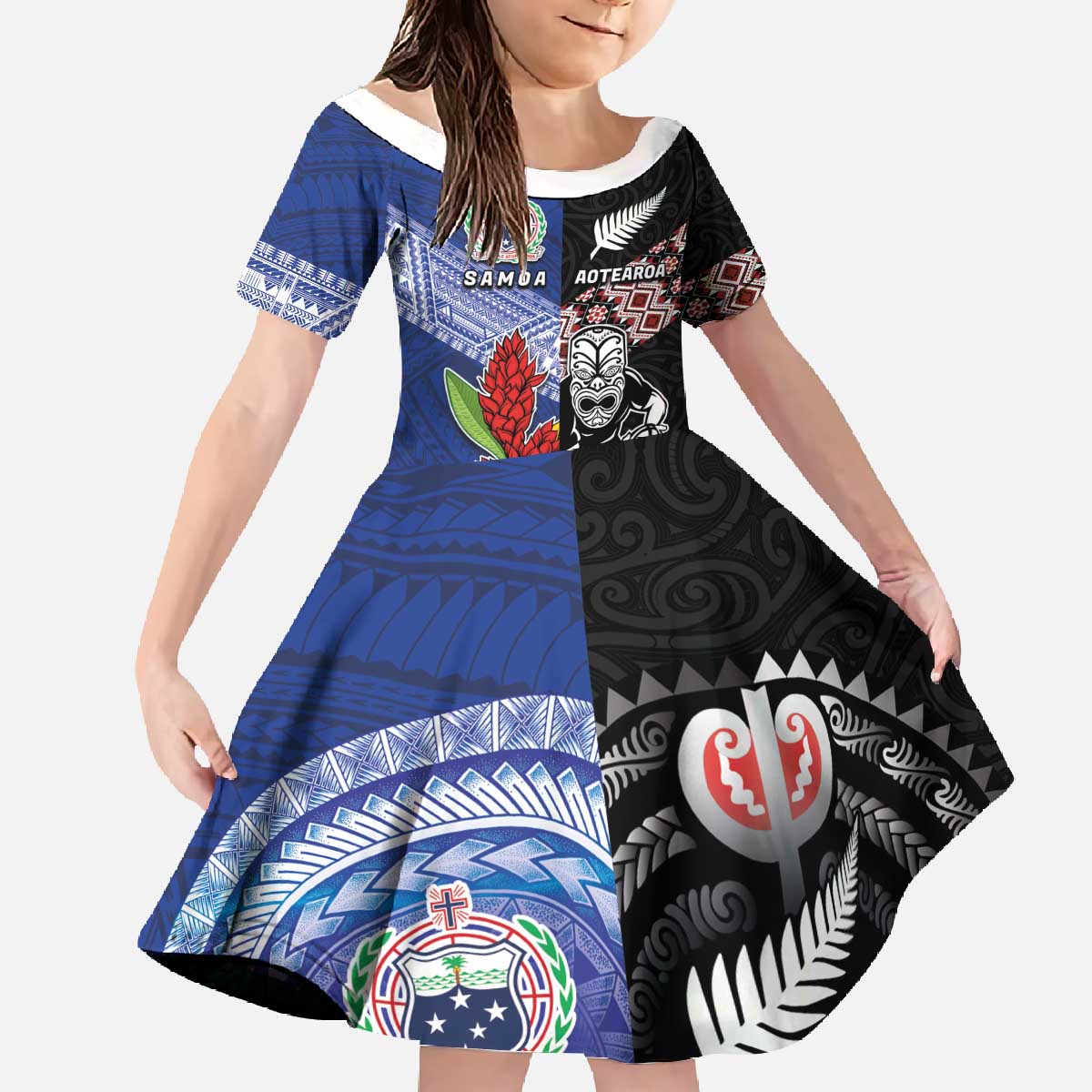 Custom Aotearoa and Samoa Rugby Family Matching Off The Shoulder Long Sleeve Dress and Hawaiian Shirt Maori Warrior and Teuila Emblem-Tatau with Taniko Art