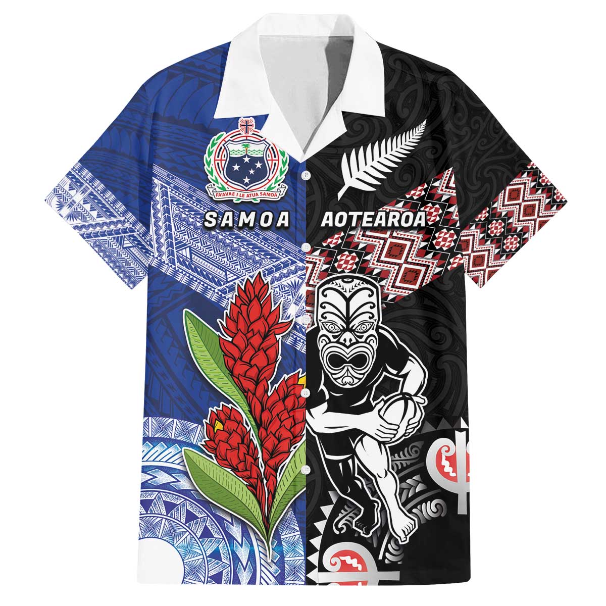 Custom Aotearoa and Samoa Rugby Family Matching Off The Shoulder Long Sleeve Dress and Hawaiian Shirt Maori Warrior and Teuila Emblem-Tatau with Taniko Art