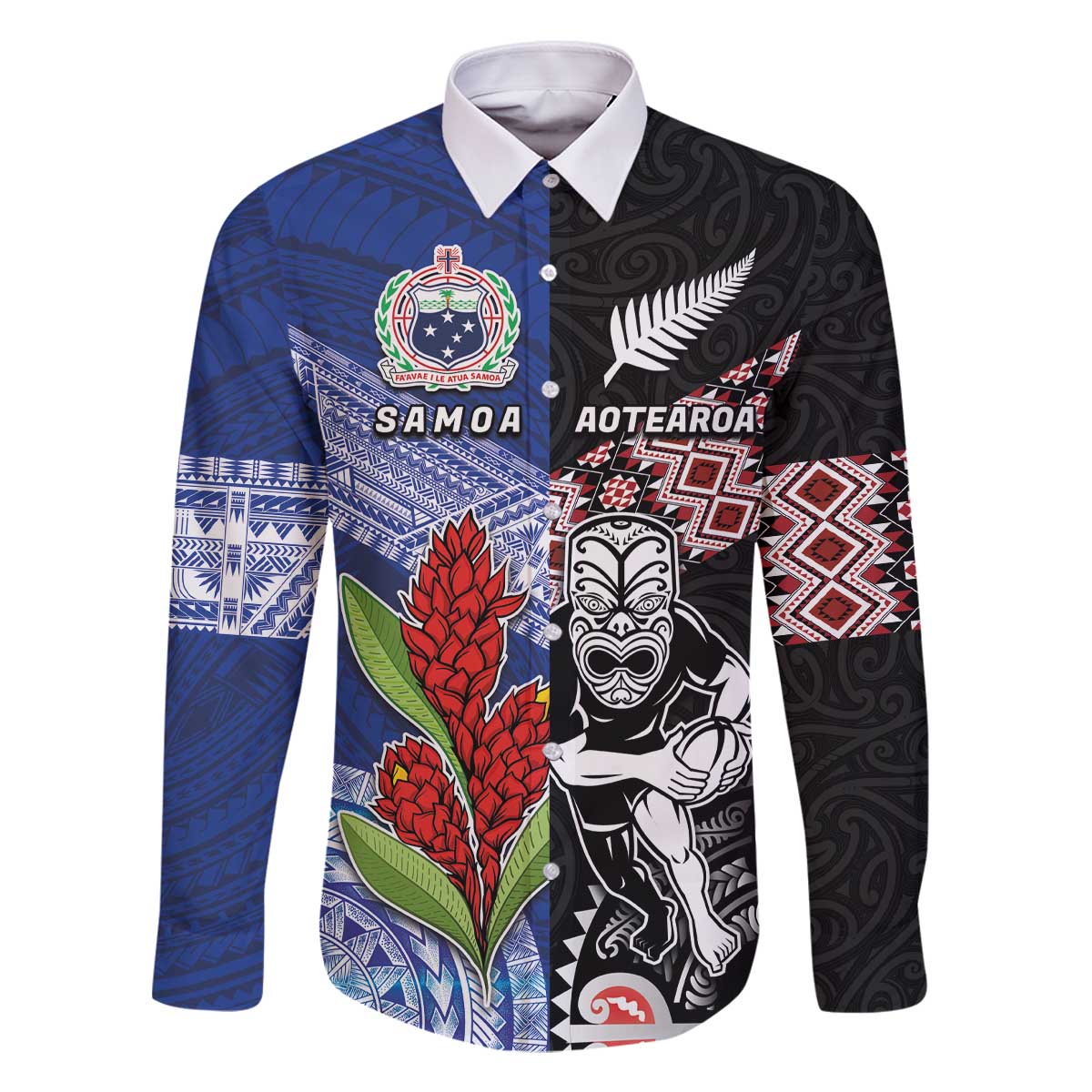 Custom Aotearoa and Samoa Rugby Family Matching Off The Shoulder Long Sleeve Dress and Hawaiian Shirt Maori Warrior and Teuila Emblem-Tatau with Taniko Art