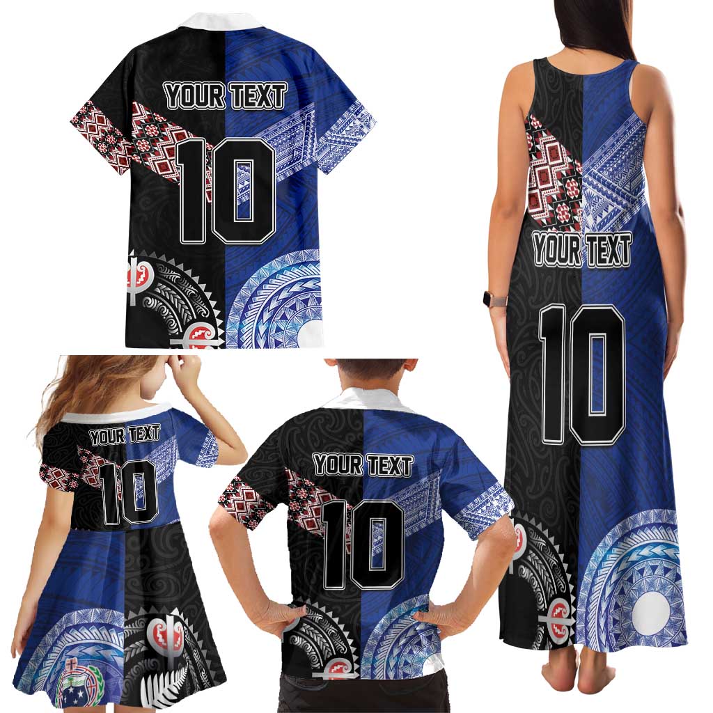 Custom Aotearoa and Samoa Rugby Family Matching Tank Maxi Dress and Hawaiian Shirt Maori Warrior and Teuila Emblem-Tatau with Taniko Art
