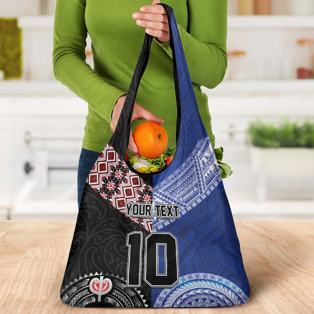 Custom Aotearoa and Samoa Rugby Grocery Bag Maori Warrior and Teuila Emblem-Tatau with Taniko Art