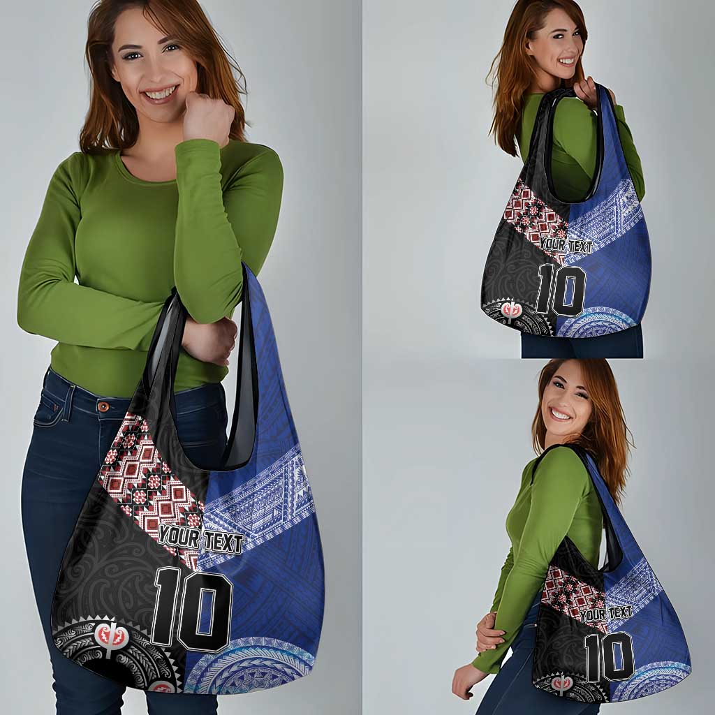 Custom Aotearoa and Samoa Rugby Grocery Bag Maori Warrior and Teuila Emblem-Tatau with Taniko Art