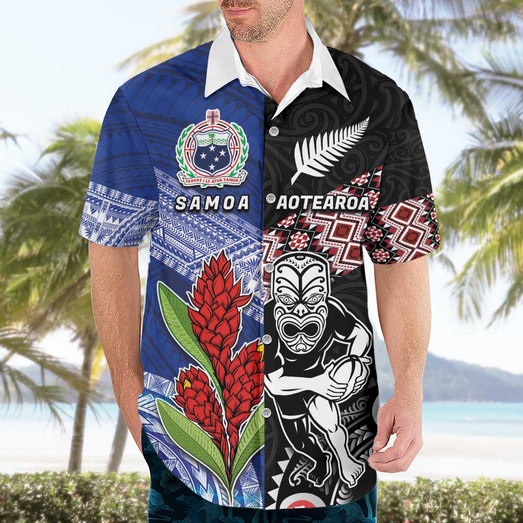 Custom Aotearoa and Samoa Rugby Hawaiian Shirt Maori Warrior and Teuila Emblem-Tatau with Taniko Art
