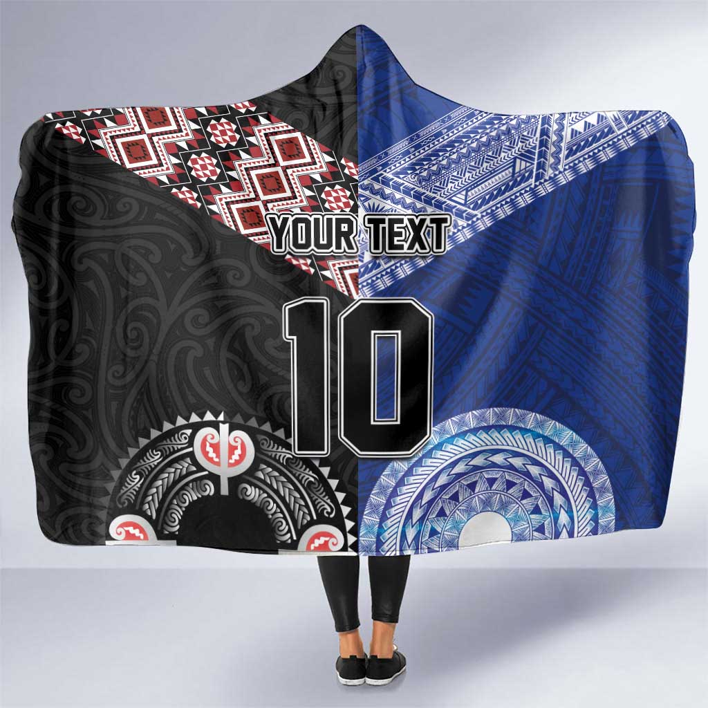 Custom Aotearoa and Samoa Rugby Hooded Blanket Maori Warrior and Teuila Emblem-Tatau with Taniko Art LT03 One Size Black - Polynesian Pride