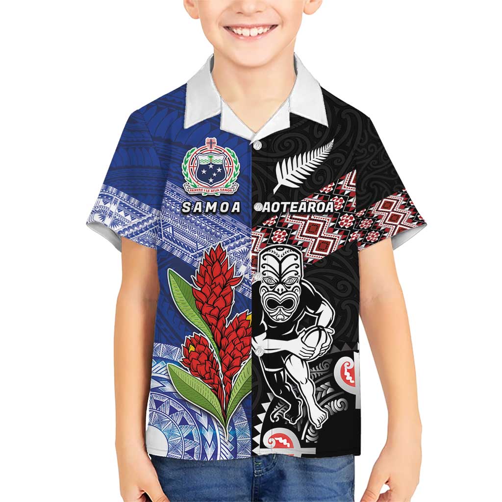 Custom Aotearoa and Samoa Rugby Kid Hawaiian Shirt Maori Warrior and Teuila Emblem-Tatau with Taniko Art