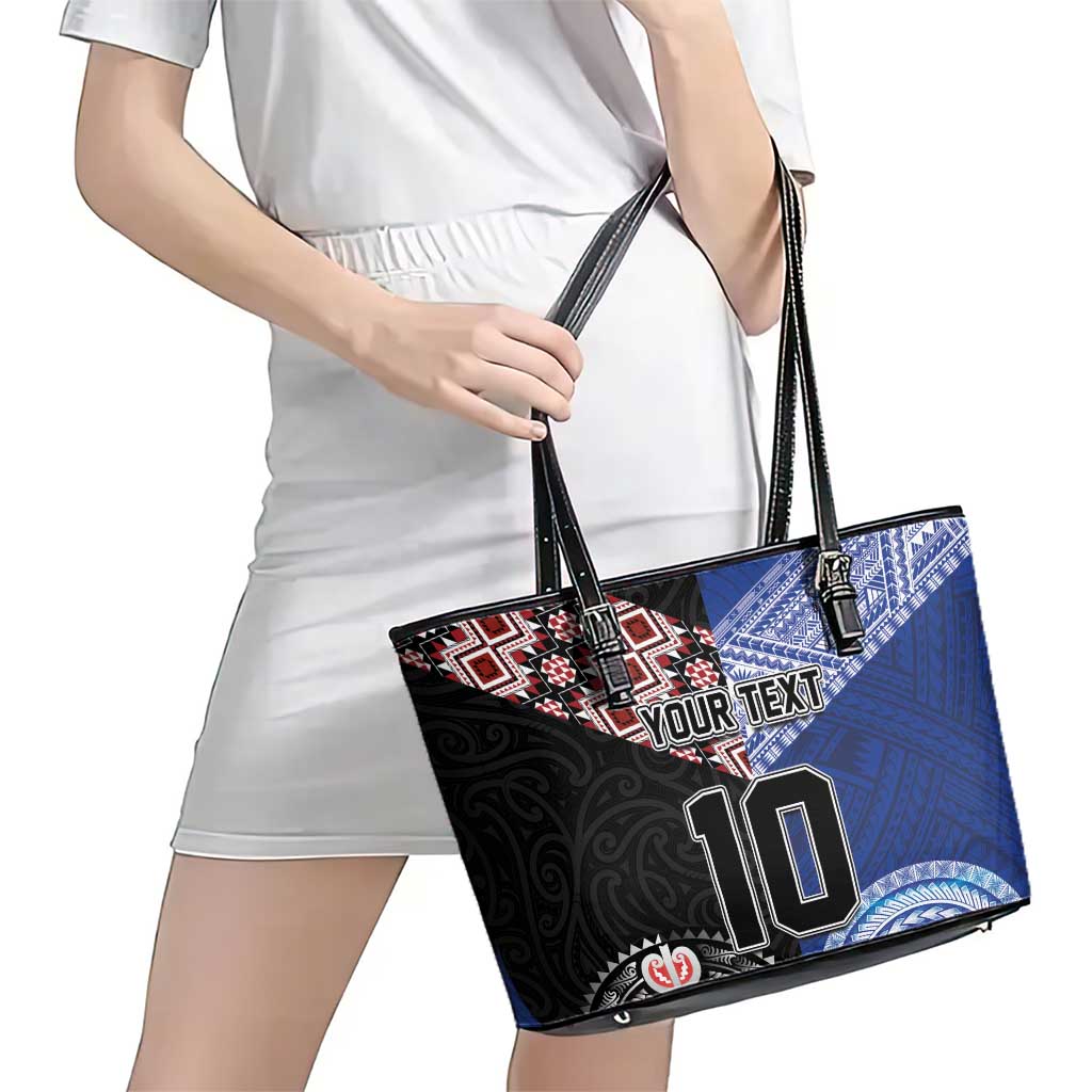 Custom Aotearoa and Samoa Rugby Leather Tote Bag Maori Warrior and Teuila Emblem-Tatau with Taniko Art