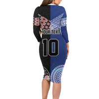Custom Aotearoa and Samoa Rugby Long Sleeve Bodycon Dress Maori Warrior and Teuila Emblem-Tatau with Taniko Art