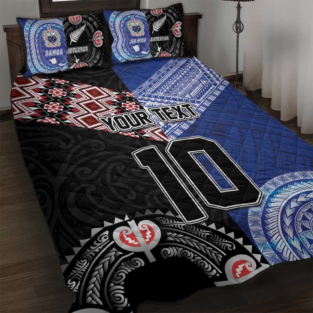 Custom Aotearoa and Samoa Rugby Quilt Bed Set Maori Warrior and Teuila Emblem-Tatau with Taniko Art LT03 Black - Polynesian Pride