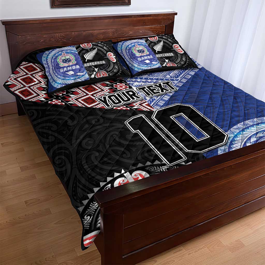 Custom Aotearoa and Samoa Rugby Quilt Bed Set Maori Warrior and Teuila Emblem-Tatau with Taniko Art