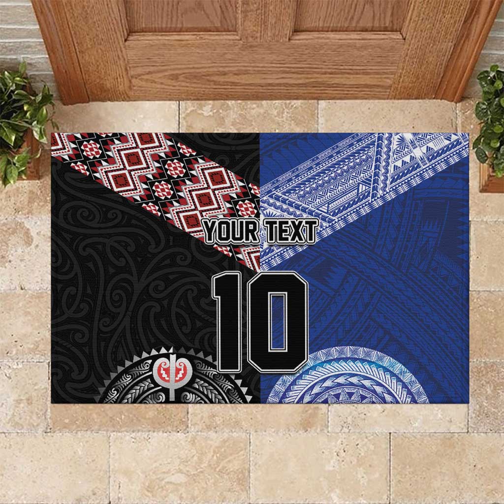 Custom Aotearoa and Samoa Rugby Rubber Doormat Maori Warrior and Teuila Emblem-Tatau with Taniko Art LT03 Black - Polynesian Pride