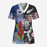 Custom Aotearoa and Samoa Rugby Scrub Top Maori Warrior and Teuila Emblem-Tatau with Taniko Art - Polynesian Pride