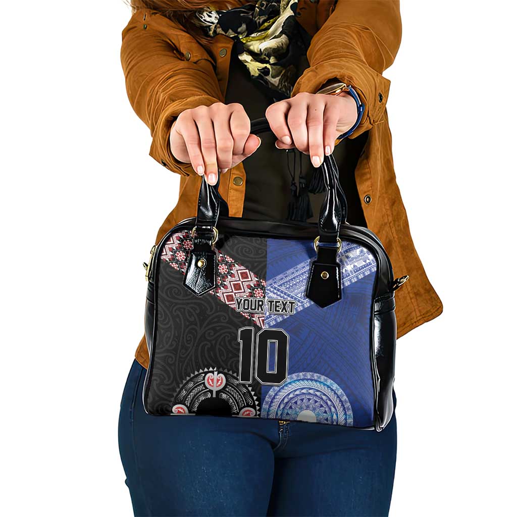 Custom Aotearoa and Samoa Rugby Shoulder Handbag Maori Warrior and Teuila Emblem-Tatau with Taniko Art LT03 One Size Black - Polynesian Pride