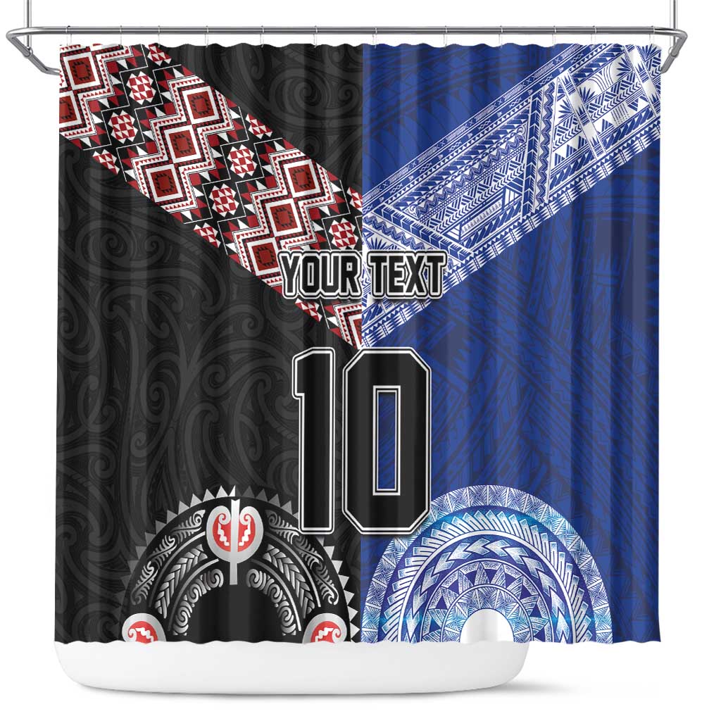 Custom Aotearoa and Samoa Rugby Shower Curtain Maori Warrior and Teuila Emblem-Tatau with Taniko Art LT03 Black - Polynesian Pride
