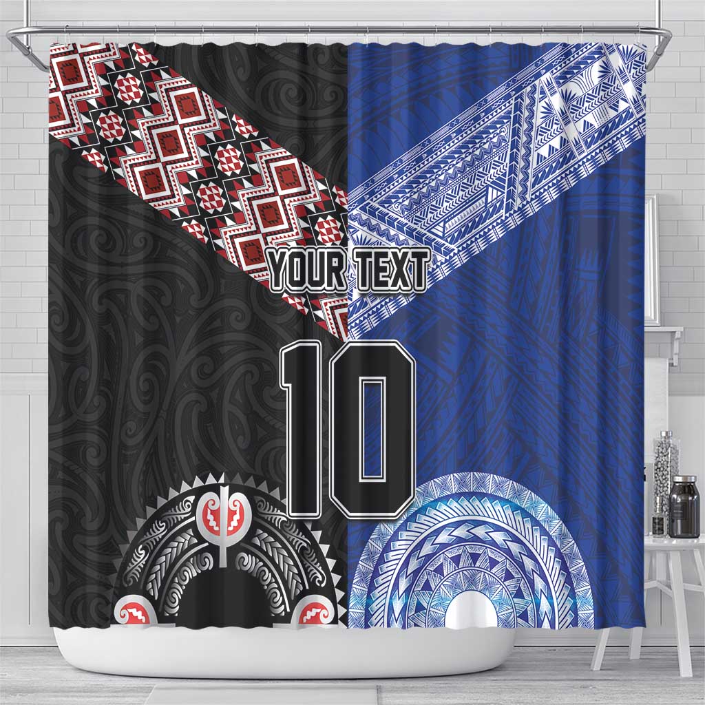 Custom Aotearoa and Samoa Rugby Shower Curtain Maori Warrior and Teuila Emblem-Tatau with Taniko Art