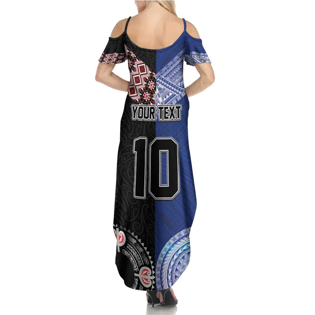 Custom Aotearoa and Samoa Rugby Summer Maxi Dress Maori Warrior and Teuila Emblem-Tatau with Taniko Art