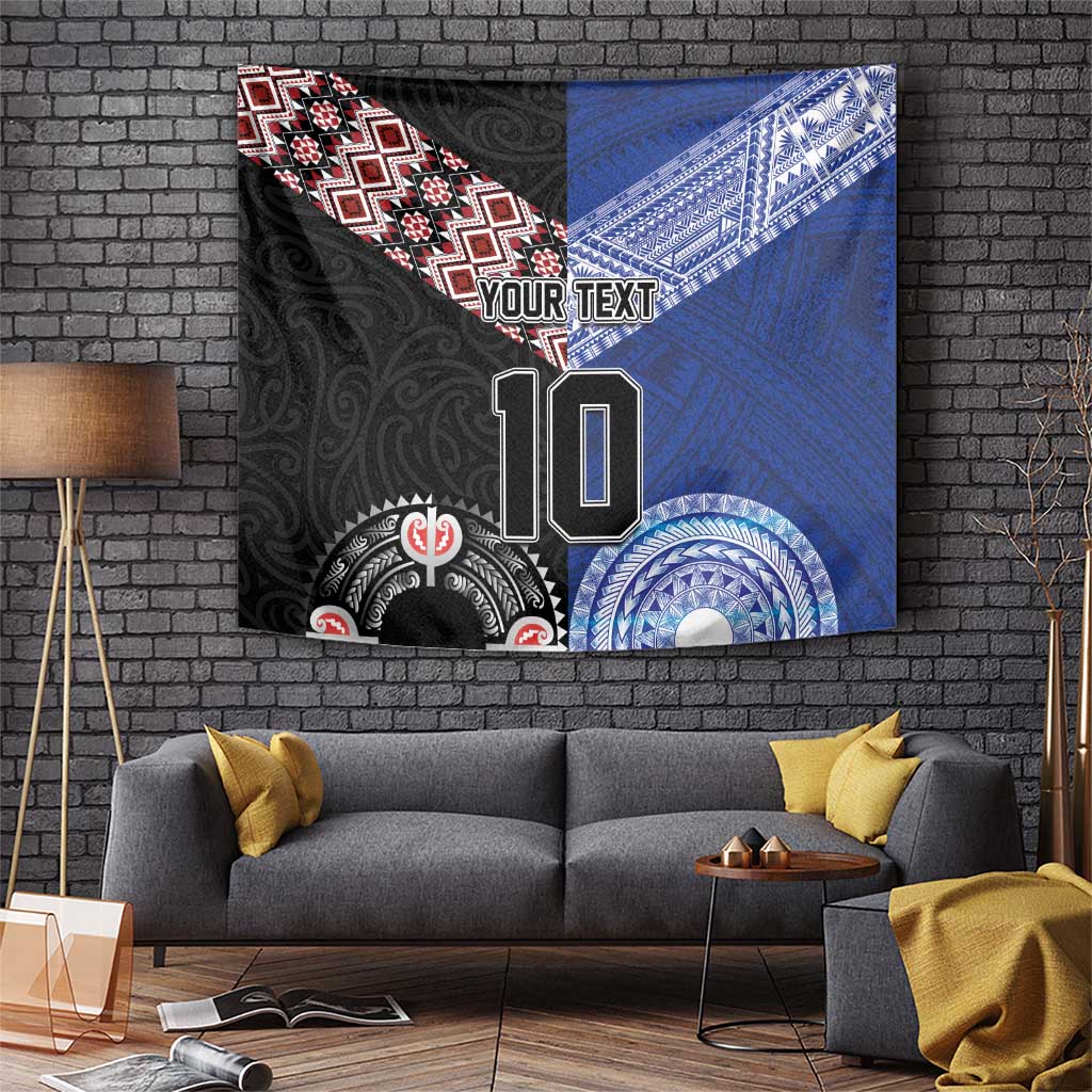 Custom Aotearoa and Samoa Rugby Tapestry Maori Warrior and Teuila Emblem-Tatau with Taniko Art LT03 Black - Polynesian Pride