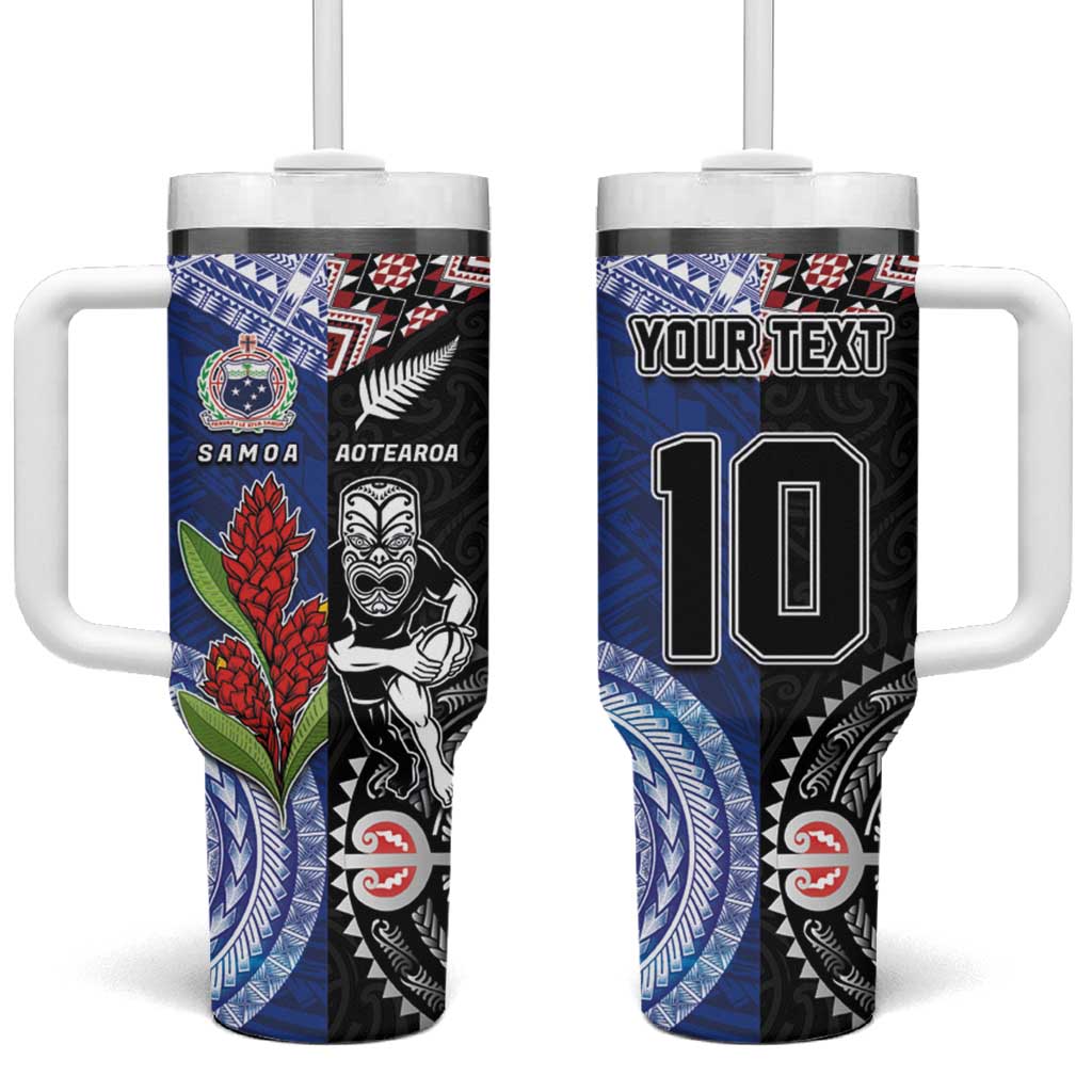 Custom Aotearoa and Samoa Rugby Tumbler With Handle Maori Warrior and Teuila Emblem-Tatau with Taniko Art