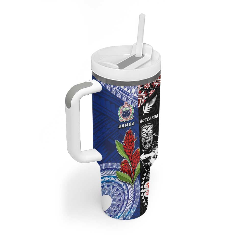 Custom Aotearoa and Samoa Rugby Tumbler With Handle Maori Warrior and Teuila Emblem-Tatau with Taniko Art