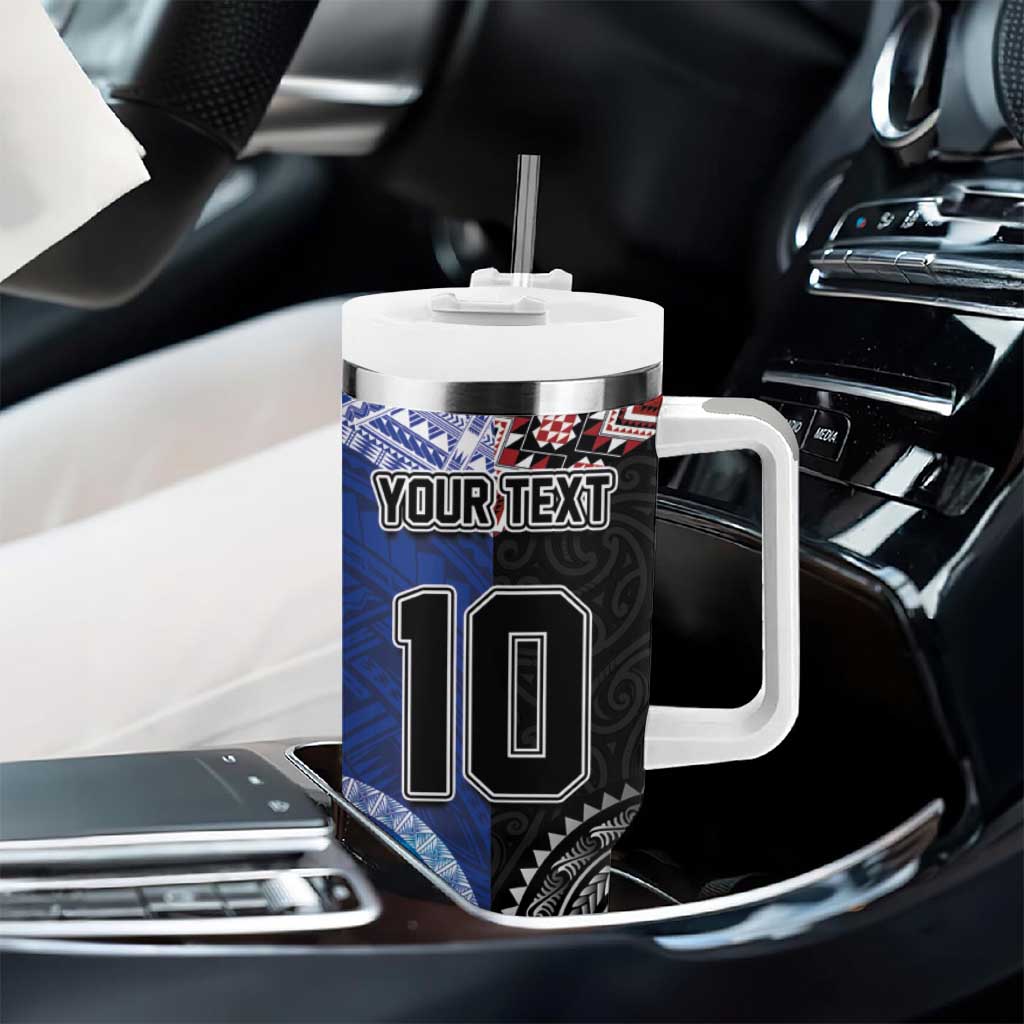 Custom Aotearoa and Samoa Rugby Tumbler With Handle Maori Warrior and Teuila Emblem-Tatau with Taniko Art