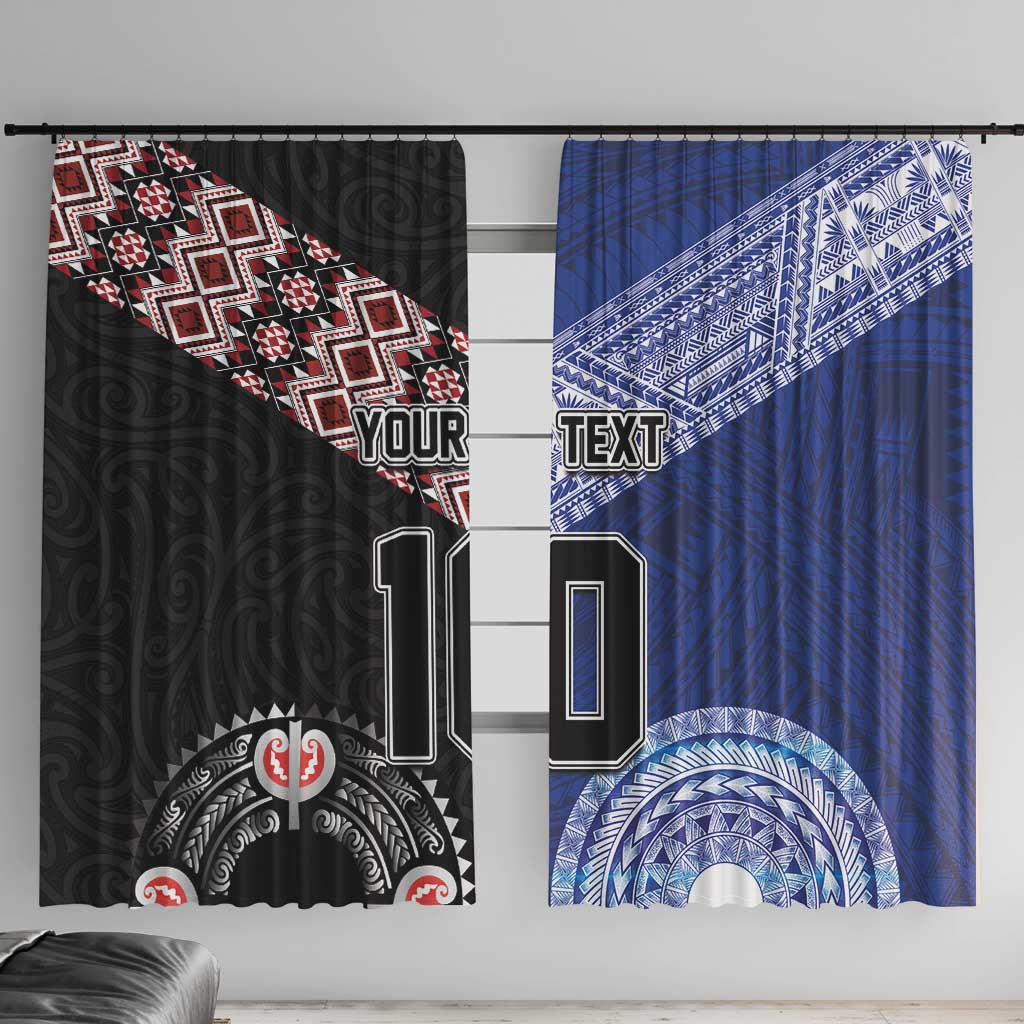 Custom Aotearoa and Samoa Rugby Window Curtain Maori Warrior and Teuila Emblem-Tatau with Taniko Art LT03 With Hooks Black - Polynesian Pride