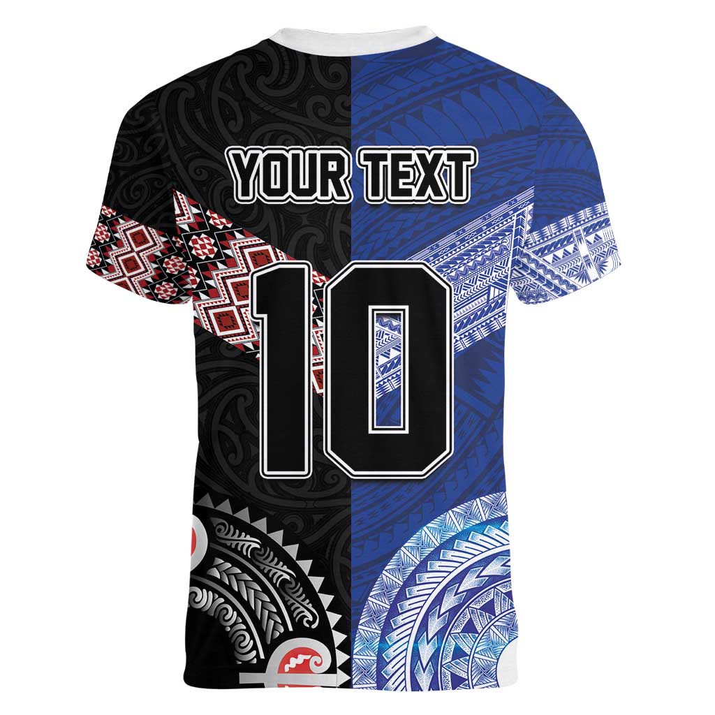 Custom Aotearoa and Samoa Rugby Women V-Neck T-Shirt Maori Warrior and Teuila Emblem-Tatau with Taniko Art