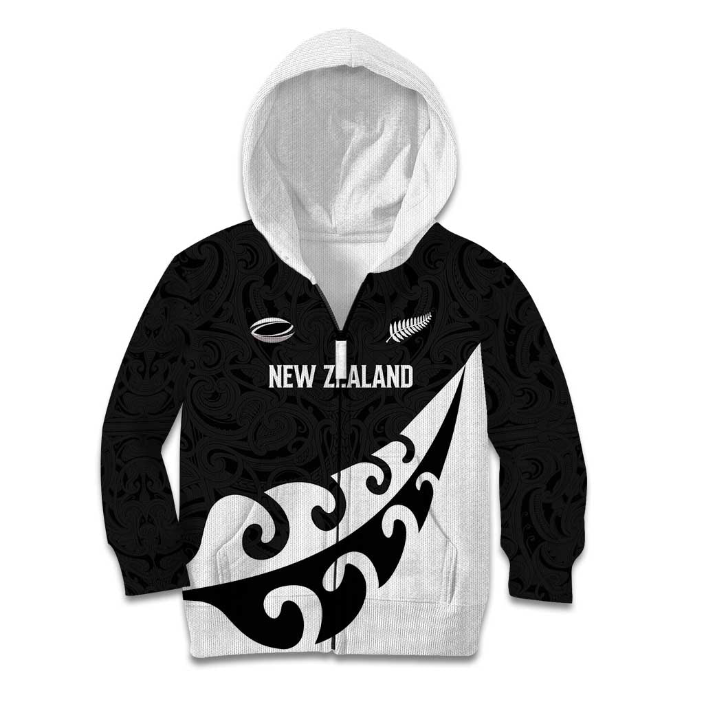 Custom NZ Rugby Kid Hoodie Koru and Silver Fern Sporty Style LT03 Zip Hoodie Black - Polynesian Pride