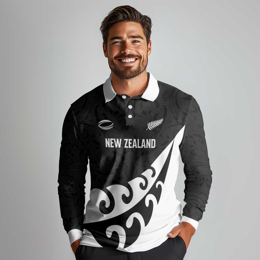 Custom NZ Rugby Long Sleeve Polo Shirt Koru and Silver Fern Sporty Style
