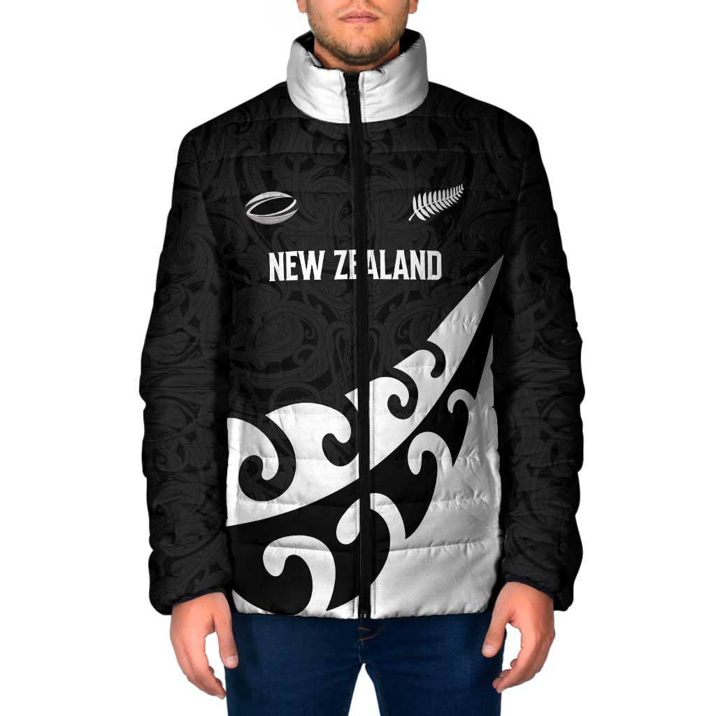 Custom NZ Rugby Padded Jacket Koru and Silver Fern Sporty Style LT03 Men Black - Polynesian Pride