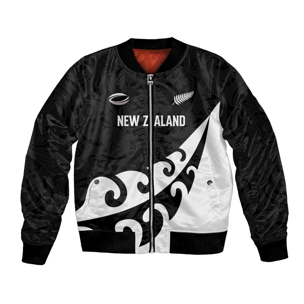 Custom NZ Rugby Sleeve Zip Bomber Jacket Koru and Silver Fern Sporty Style LT03 Unisex Black - Polynesian Pride