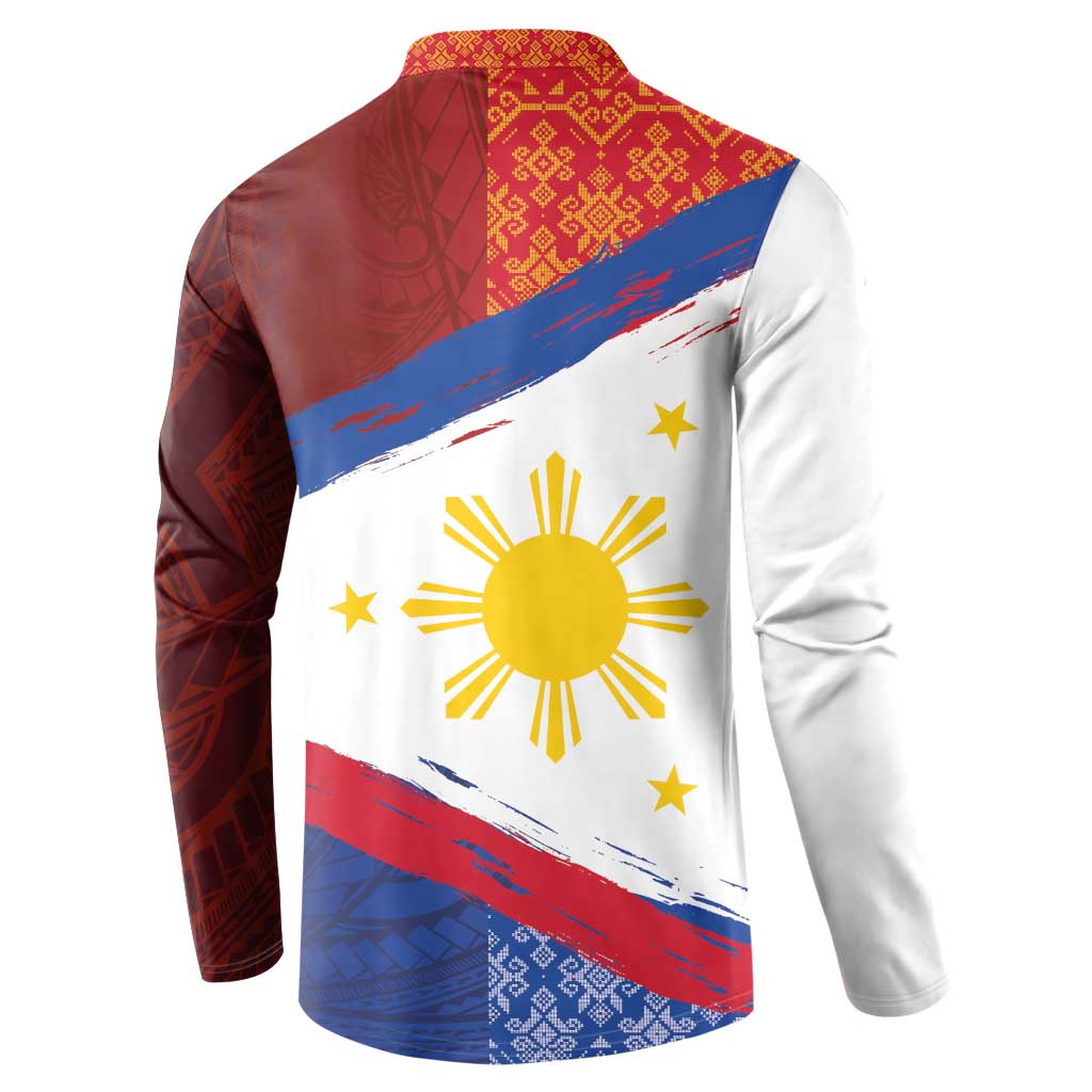 Philippines National Flag Day Button Sweatshirt Polynesian and Yakan Tattoo Brush Style