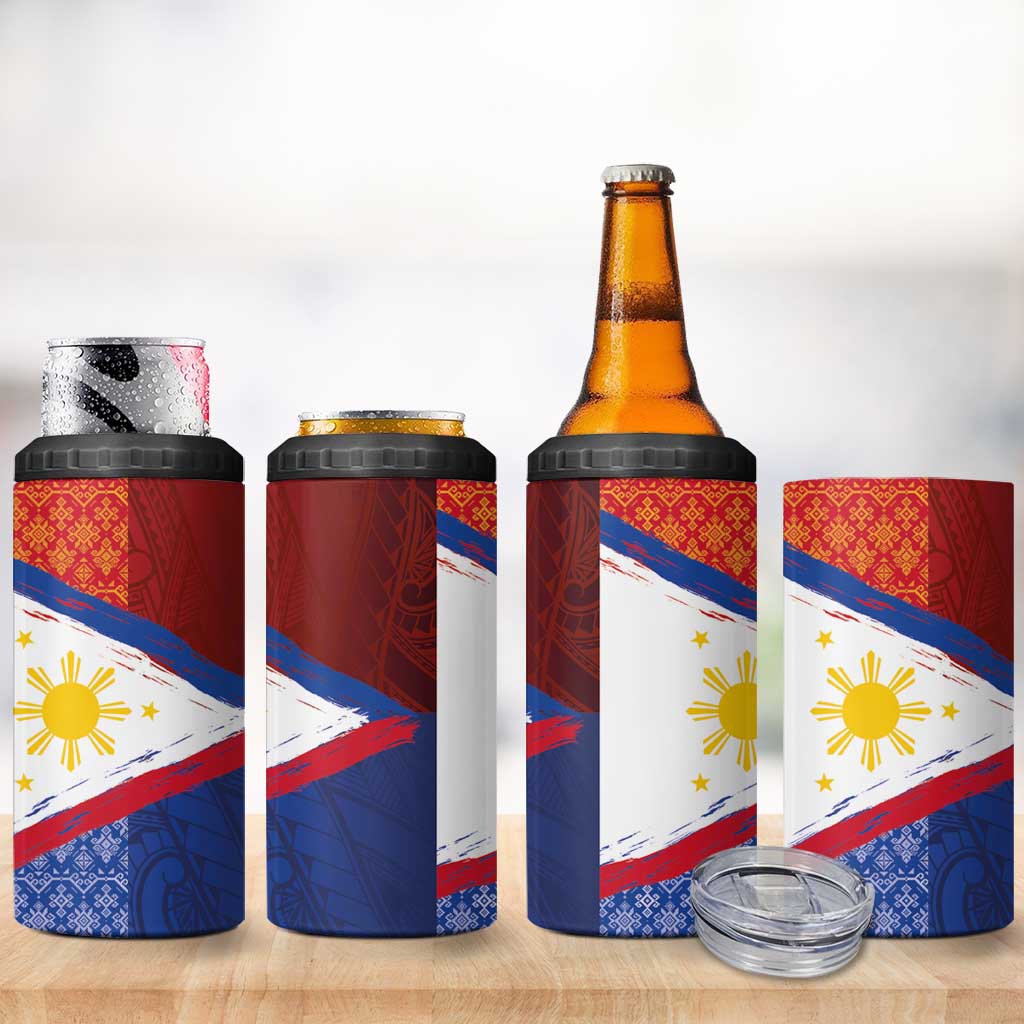 Philippines National Flag Day 4 in 1 Can Cooler Tumbler Polynesian and Yakan Tattoo Brush Style