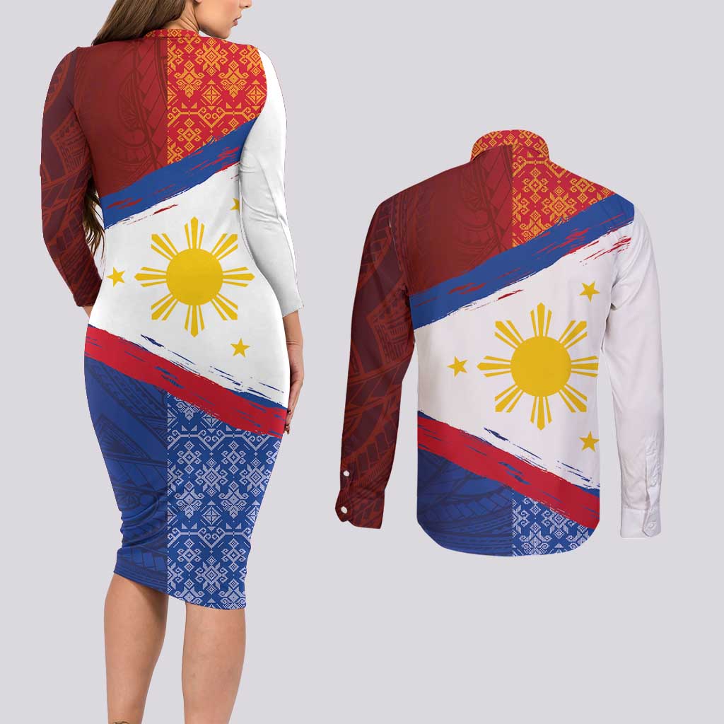 Philippines National Flag Day Couples Matching Long Sleeve Bodycon Dress and Long Sleeve Button Shirt Polynesian and Yakan Tattoo Brush Style