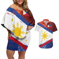 Philippines National Flag Day Couples Matching Off Shoulder Short Dress and Hawaiian Shirt Polynesian and Yakan Tattoo Brush Style
