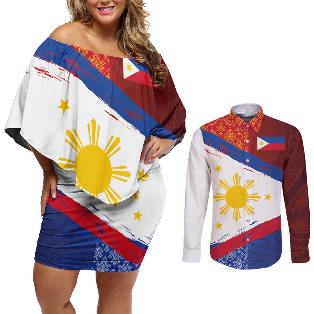 Philippines National Flag Day Couples Matching Off Shoulder Short Dress and Long Sleeve Button Shirt Polynesian and Yakan Tattoo Brush Style