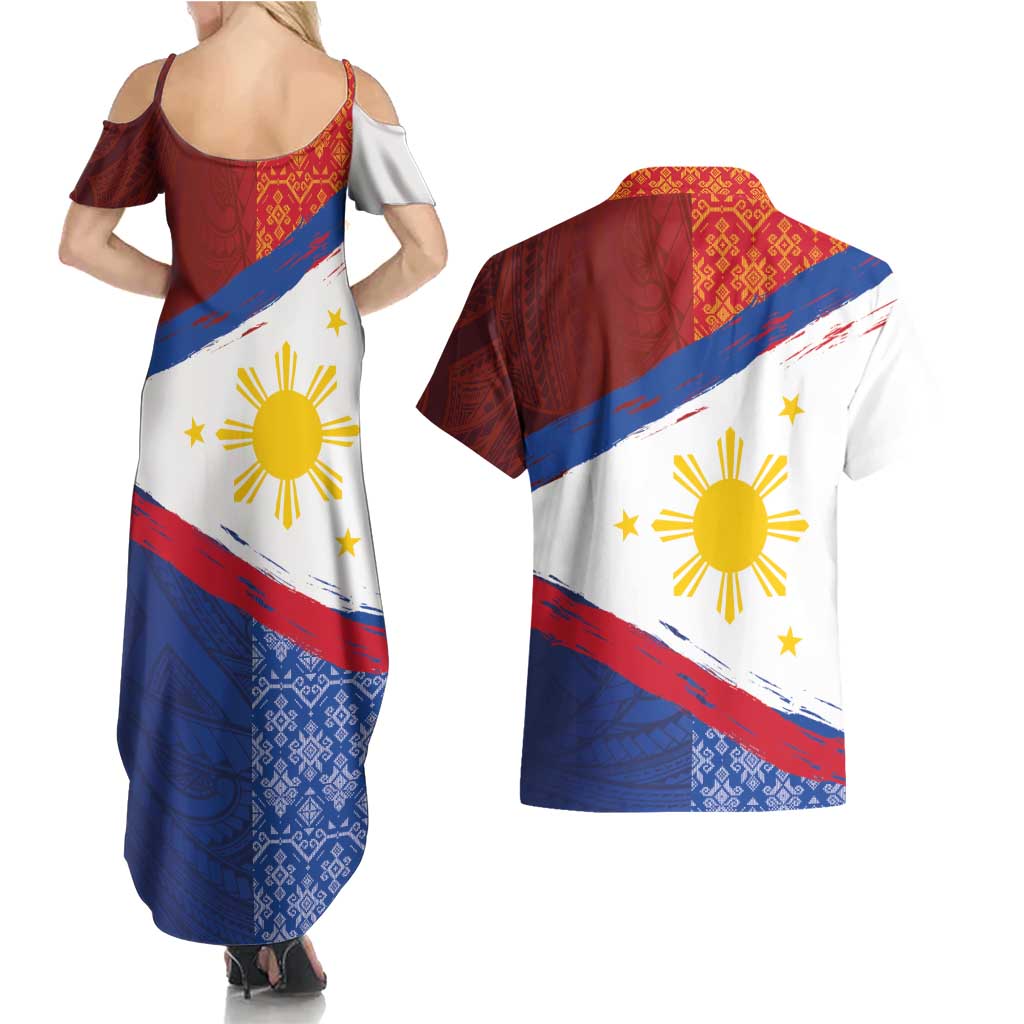 Philippines National Flag Day Couples Matching Summer Maxi Dress and Hawaiian Shirt Polynesian and Yakan Tattoo Brush Style