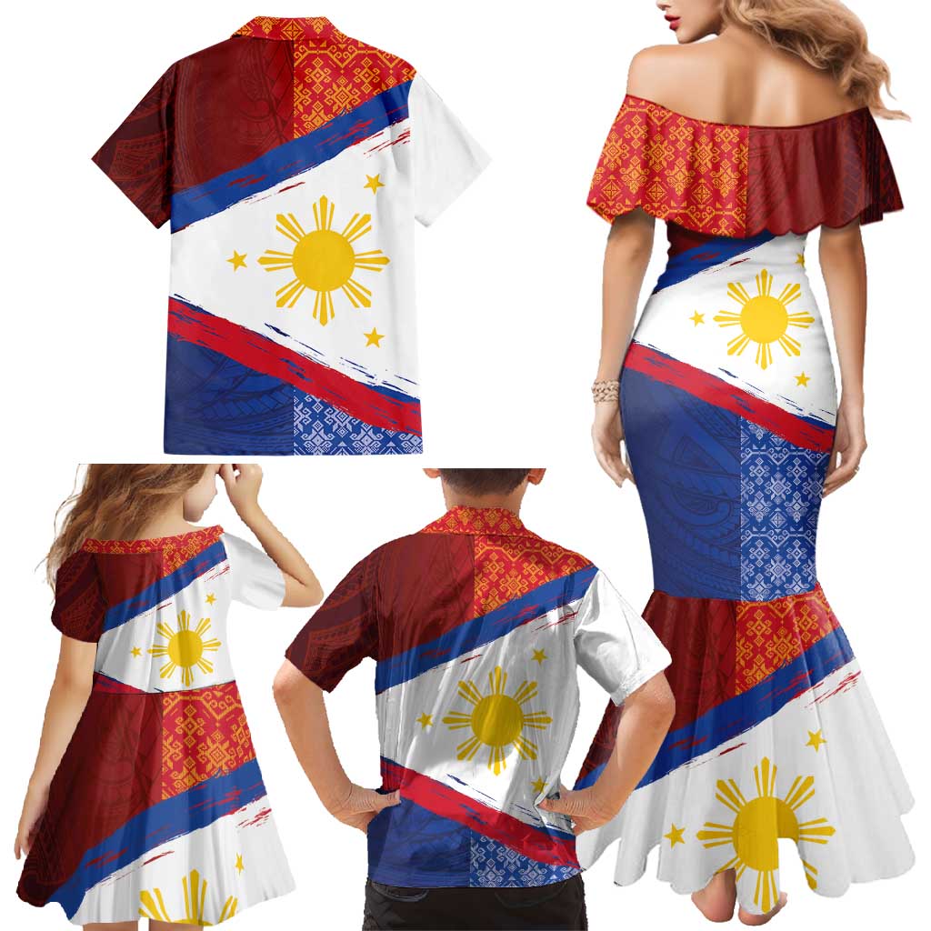 Philippines National Flag Day Family Matching Mermaid Dress and Hawaiian Shirt Polynesian and Yakan Tattoo Brush Style