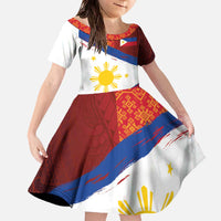 Philippines National Flag Day Family Matching Off The Shoulder Long Sleeve Dress and Hawaiian Shirt Polynesian and Yakan Tattoo Brush Style