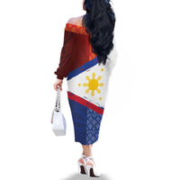 Philippines National Flag Day Family Matching Off The Shoulder Long Sleeve Dress and Hawaiian Shirt Polynesian and Yakan Tattoo Brush Style