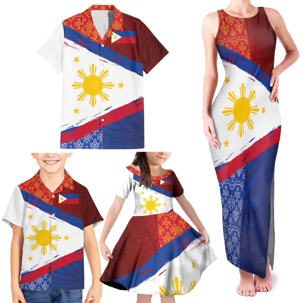 Philippines National Flag Day Family Matching Tank Maxi Dress and Hawaiian Shirt Polynesian and Yakan Tattoo Brush Style