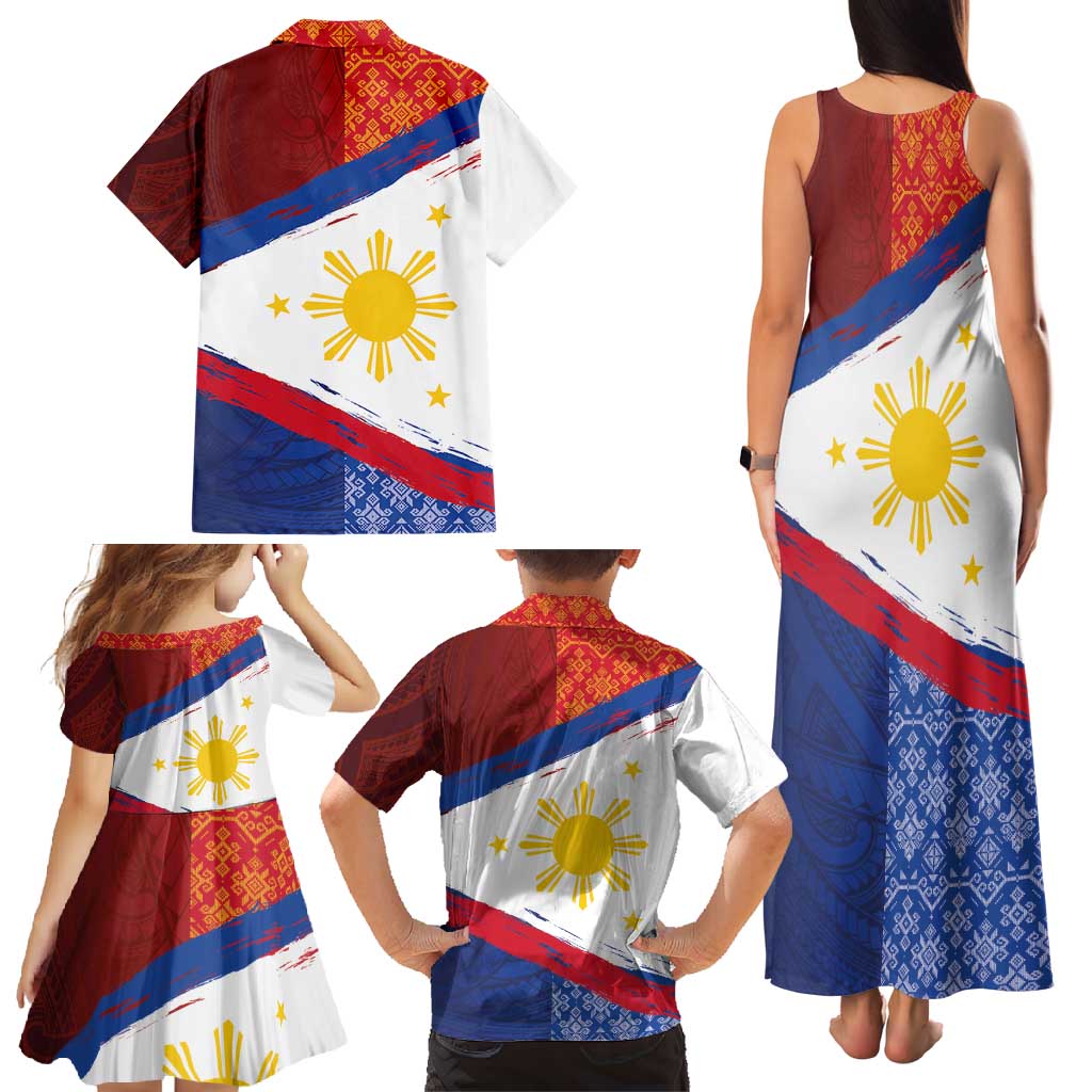 Philippines National Flag Day Family Matching Tank Maxi Dress and Hawaiian Shirt Polynesian and Yakan Tattoo Brush Style