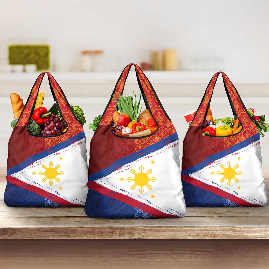 Philippines National Flag Day Grocery Bag Polynesian and Yakan Tattoo Brush Style