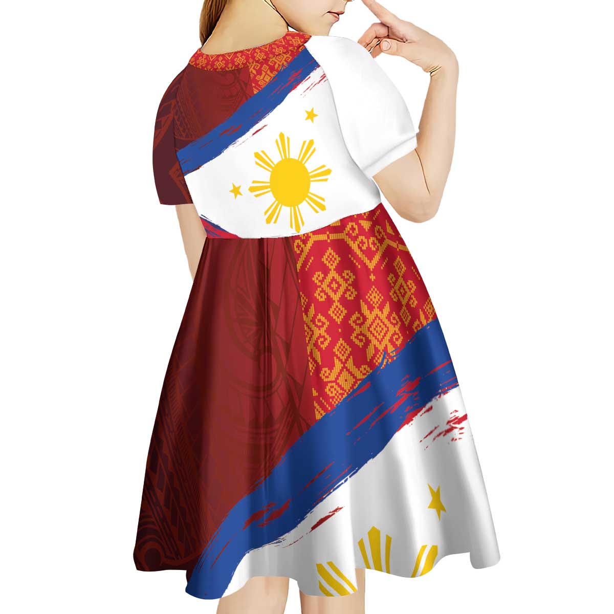 Philippines National Flag Day Kid Short Sleeve Dress Polynesian and Yakan Tattoo Brush Style