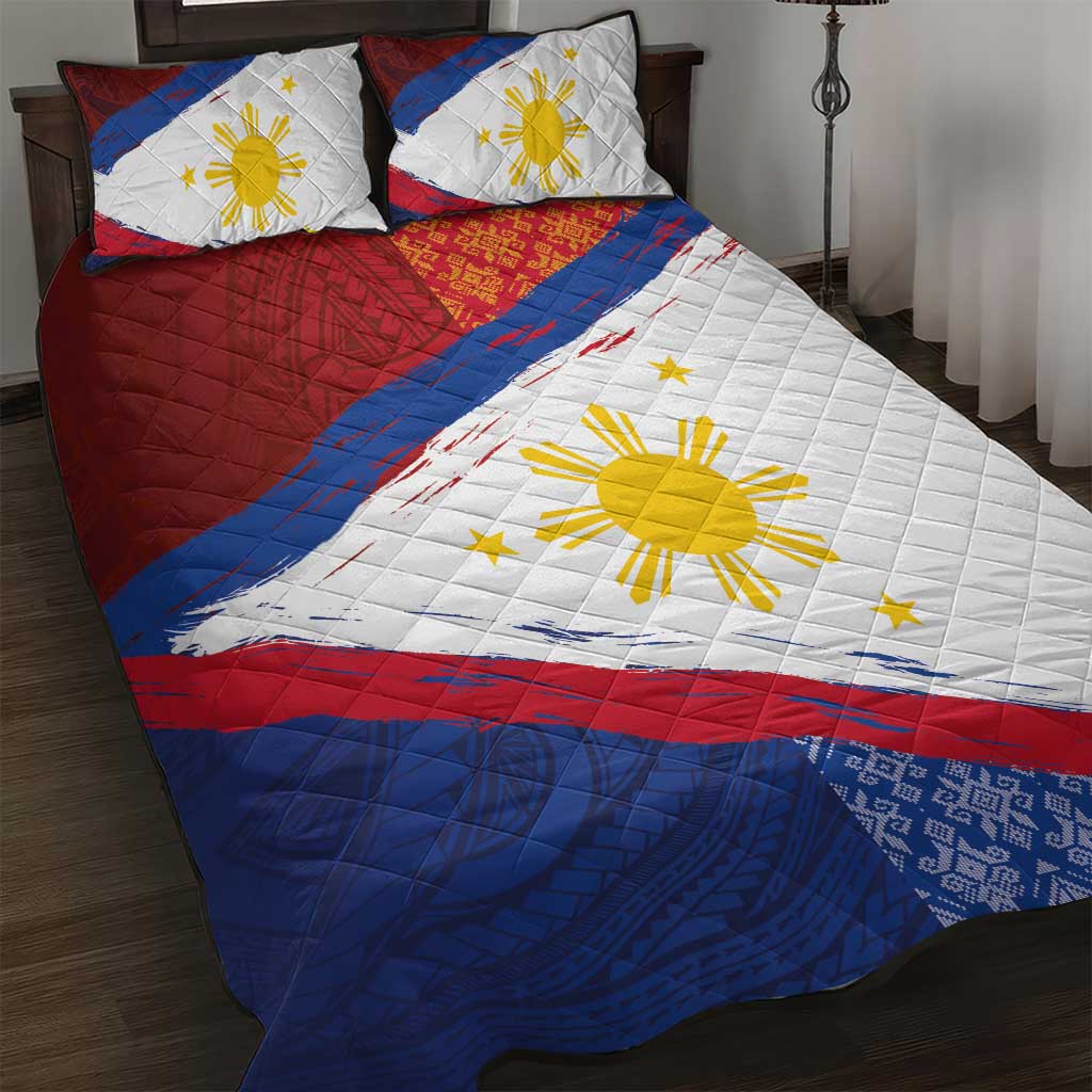 Philippines National Flag Day Quilt Bed Set Polynesian and Yakan Tattoo Brush Style