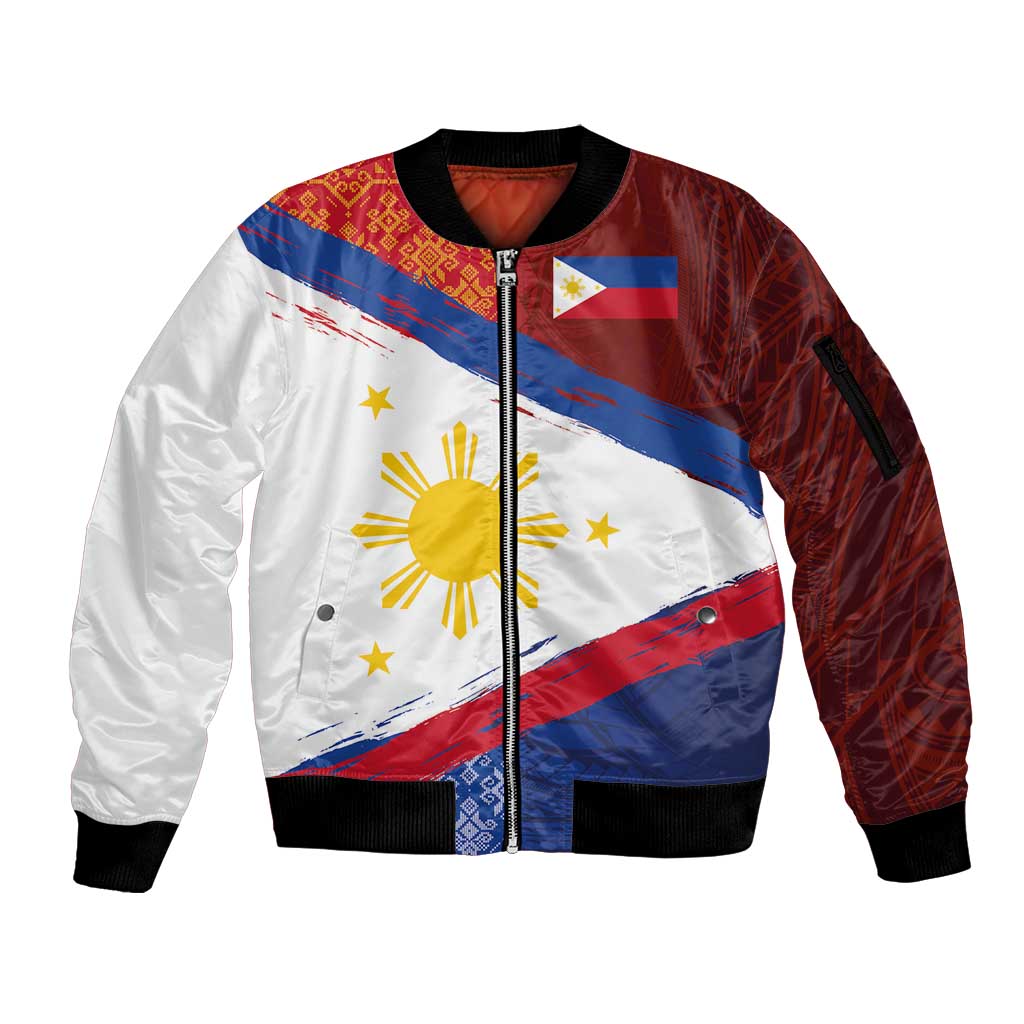 Philippines National Flag Day Sleeve Zip Bomber Jacket Polynesian and Yakan Tattoo Brush Style